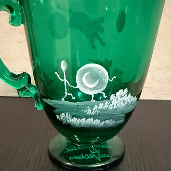 Fenton Green Glass Pitcher with Whimsical White Design - Picture 5 of 10